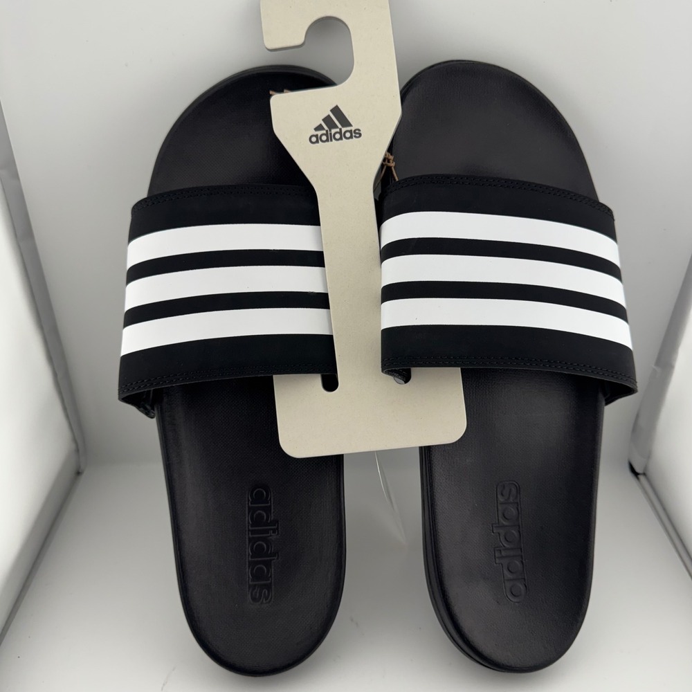 Adidas Adilette Comfort Slides Mens 11 Black White NEW JS4313 Striped Sandals